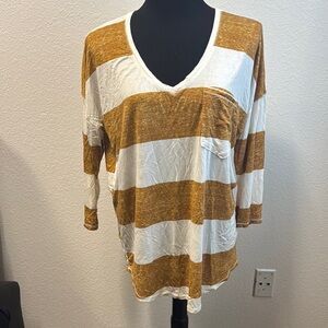 Striped V-Neck Women's Top - Mustard and White